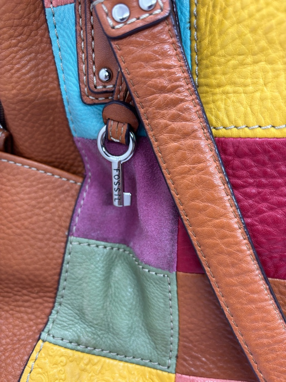 Fossil Multicolor Patchwork Leather Tote Bag - Brown Trim - Picture 2 of 9